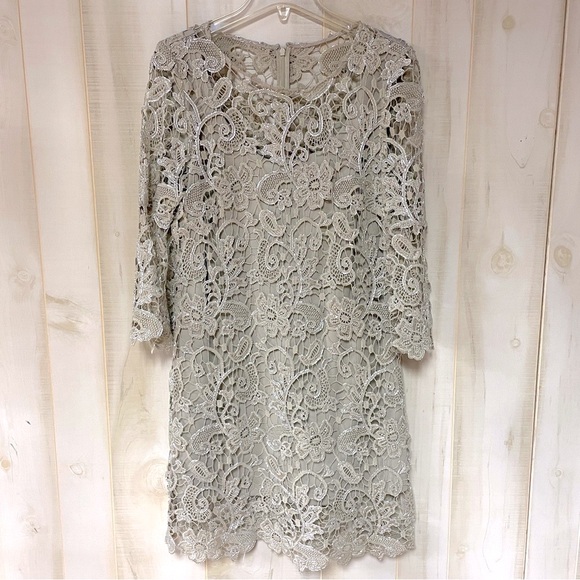 MARINA Dresses & Skirts - Marina Taupe And Silver Metallic Floral Lace Overlay Dress Sheer Sleeves Sz 12
